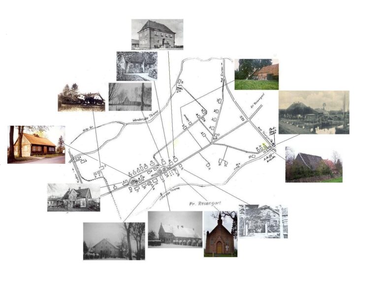 Dorfplan von Pr. Rosengart um 1945 mit ergänzenden Haus- und Ortsfotos
