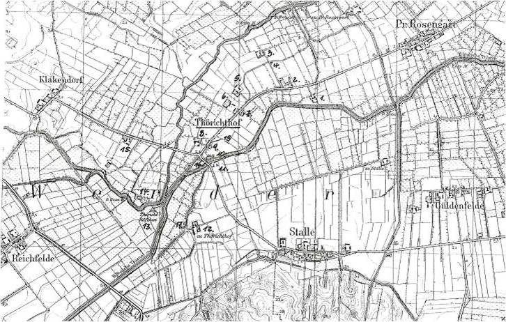 Nummerierter Dorfplan von Thörichthof um 1945 auf einem historischen Kartenausschnitt
