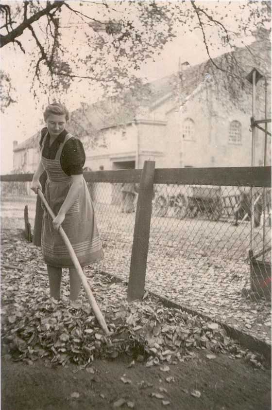 Else Epp beim Laubharken in Rosengart, um 1939