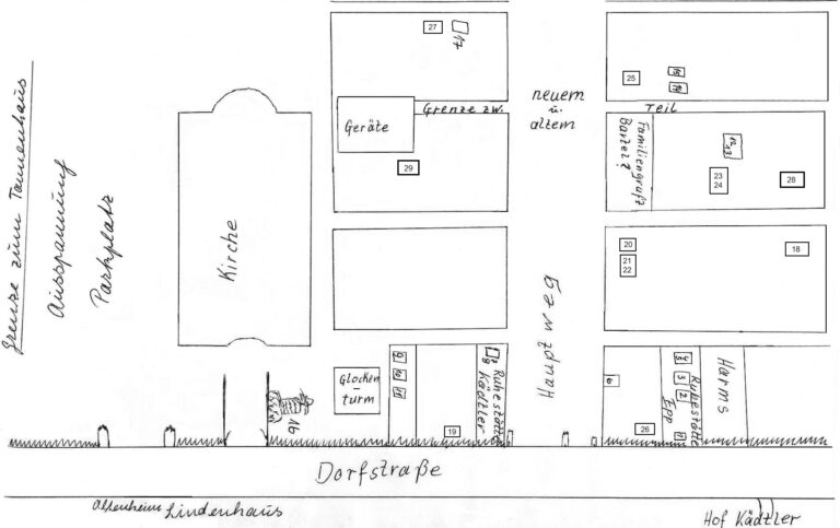 Friedhofsskizze von Hannelore Reimann mit nummerierten Grabstätten in Pr. Rosengart