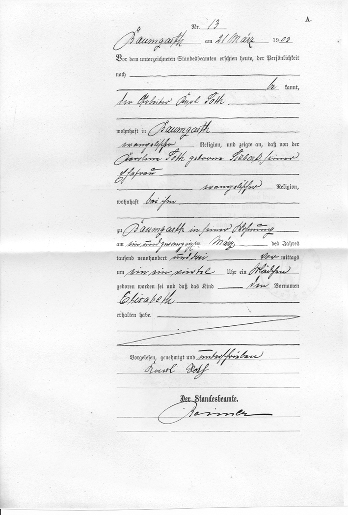 Geburtsurkunde von Elisabeth Lau