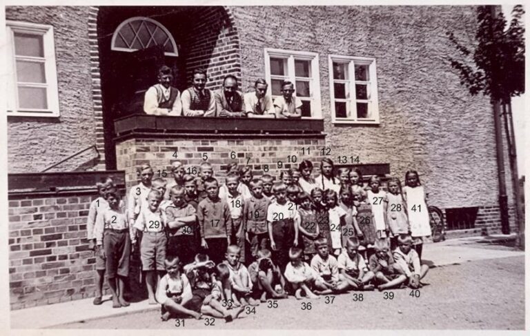 Schulklasse 1935 vor der Schule, mit nummerierten Personen