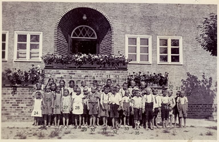 Schulklasse 1934 vor der Schule, mit nummerierten Personen