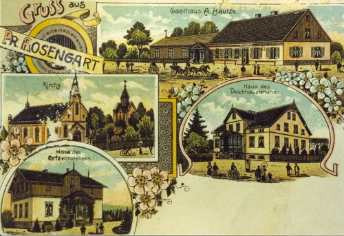 Historische Grußkarte aus Pr. Rosengart mit Gasthaus, Kirche und Dorfansichten
