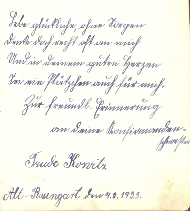 Eintrag aus dem Poesiealbum von Minna Fröhlich