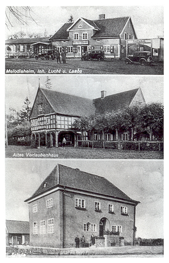 Dorfpostkarte mit Melodiaheim, Vorlaubenhaus und Schule