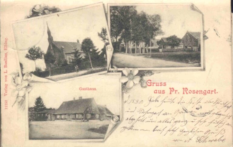 Historische Grußkarte aus Pr. Rosengart mit Kirche und Gasthaus