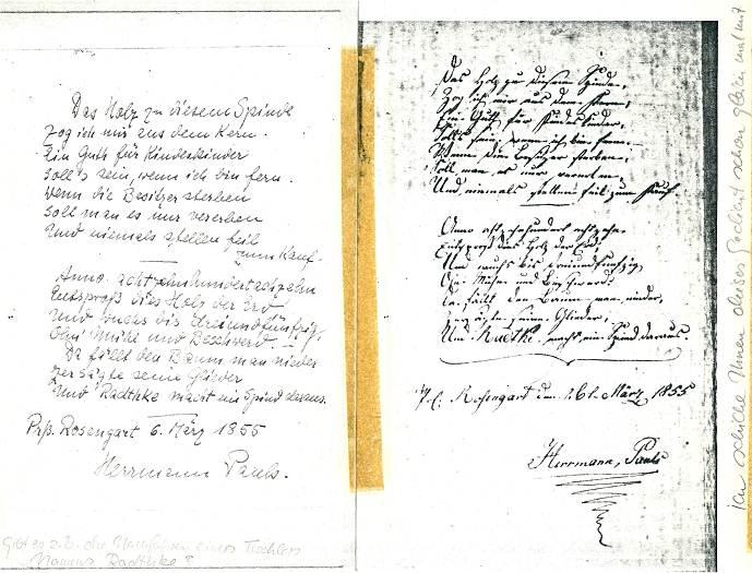 Handschriftliches Gedicht und Inschrift zum Schrank der Familie Pauls, 1855